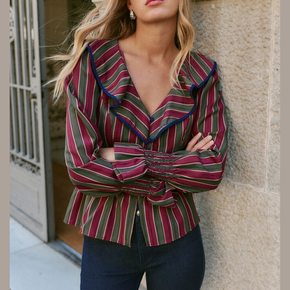 Burgundy / Green Striped Ruffle Collar Peplum Blouse With Smocked Cuffs